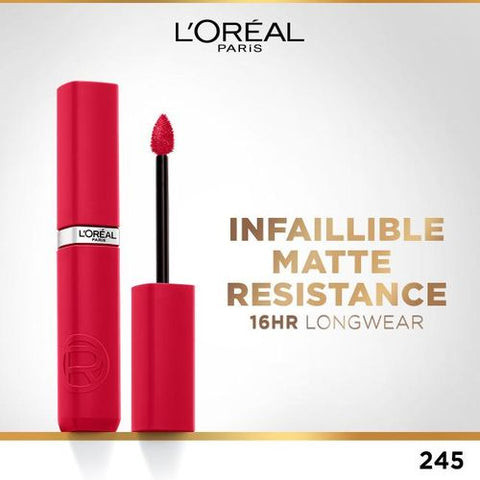 L'Oreal Paris أحمر شفاه سائل غير لامع من لوريال باريس - لون مكثف ولمسة نهائية غير لامعة - يدوم طويلاً - بدون نقل - مع حمض الهيالورونيك - 245 French Kiss