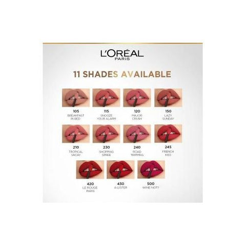 L'Oreal Paris أحمر شفاه سائل غير لامع من لوريال باريس - لون مكثف ولمسة نهائية غير لامعة - يدوم طويلاً - بدون نقل - مع حمض الهيالورونيك - 115 Snooze Your Alarm