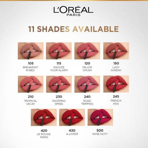 L'Oreal Paris أحمر شفاه سائل غير لامع من لوريال باريس - لون مكثف ولمسة نهائية غير لامعة - يدوم طويلاً - بدون نقل - مع حمض الهيالورونيك -120 Major Crush