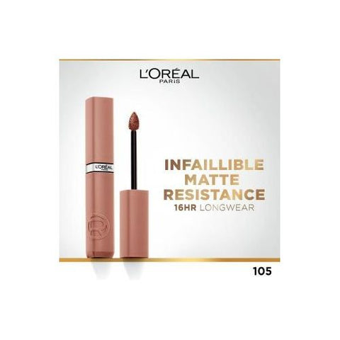 L'Oreal Paris أحمر شفاه سائل غير لامع من لوريال باريس - لون مكثف ولمسة نهائية غير لامعة - يدوم طويلاً - بدون نقل - مع حمض الهيالورونيك - 105 Breakfast In Bed