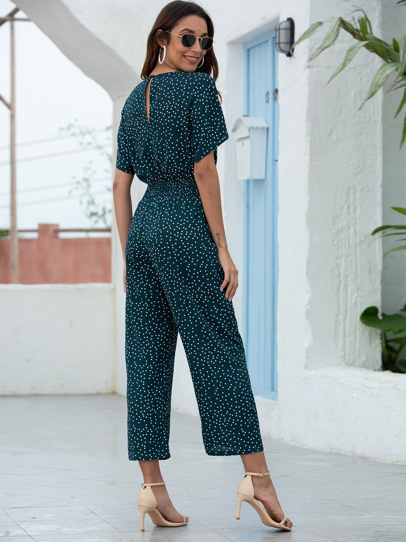 Green Spot Wrap Short Sleeve Jumpsuit | SIGNAGE | SilkFred